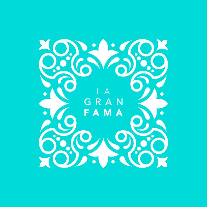 Logotipo LGF sobre fondo cian en color blanco
