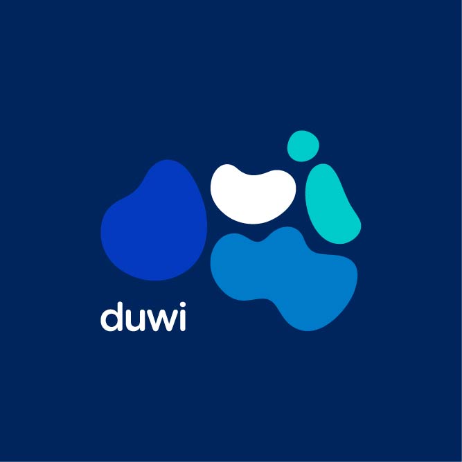 Logotipo Duwi fondo azul con logo en 4 tonos