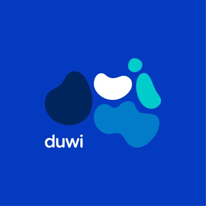 Logotipo Duwi fondo azul claro con logo en 4 tonos